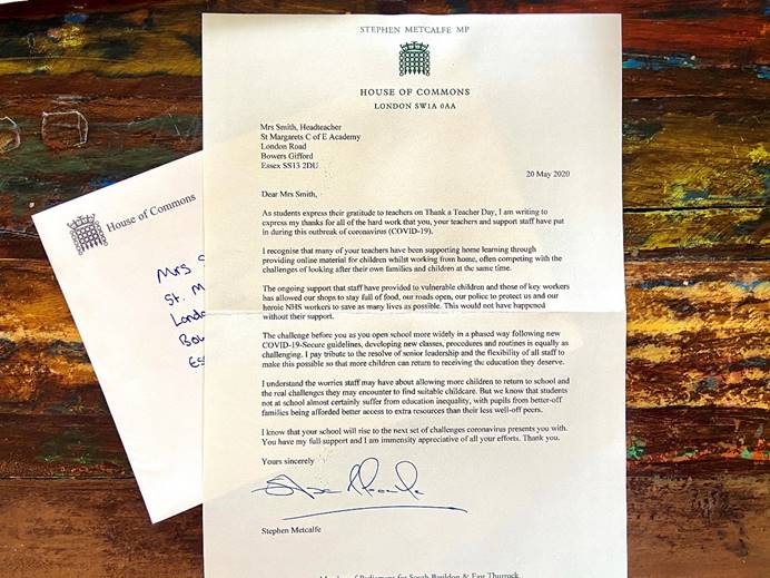 Featured image for “Stephen Metcalfe MP praises teachers on Thank a Teacher Day”